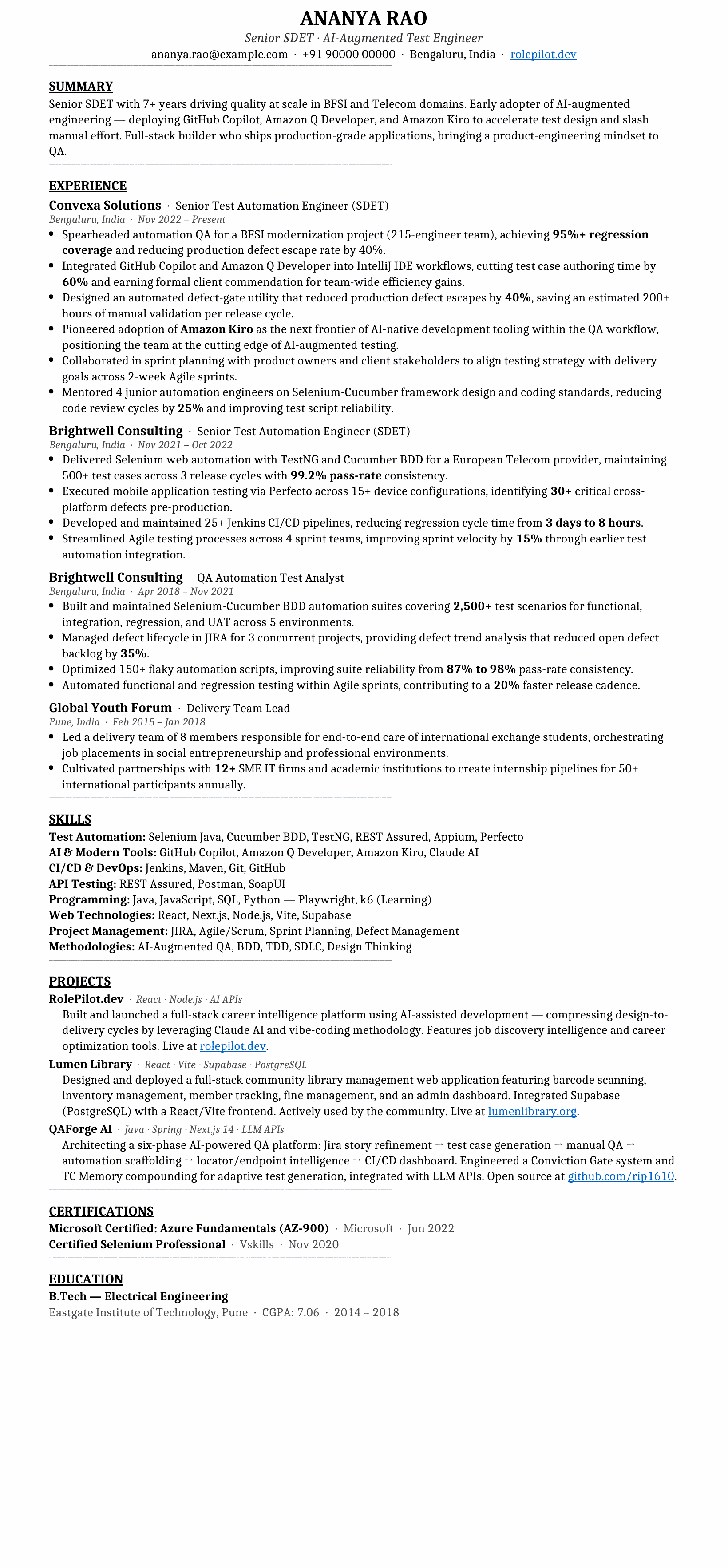 The rewritten one-page resume for the sample persona Ananya Rao — Senior QA Engineer — with a summary, categorized skills, four experience roles of metric-led bullets, education and certifications.